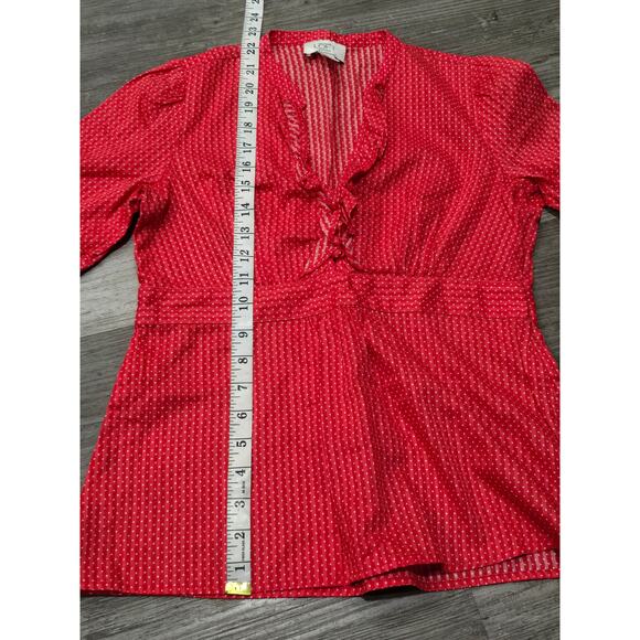 Ann Taylor Loft Red & White Polka Dot Short Sleeve Blouse V Cut & Side Zip - Picture 6 of 9